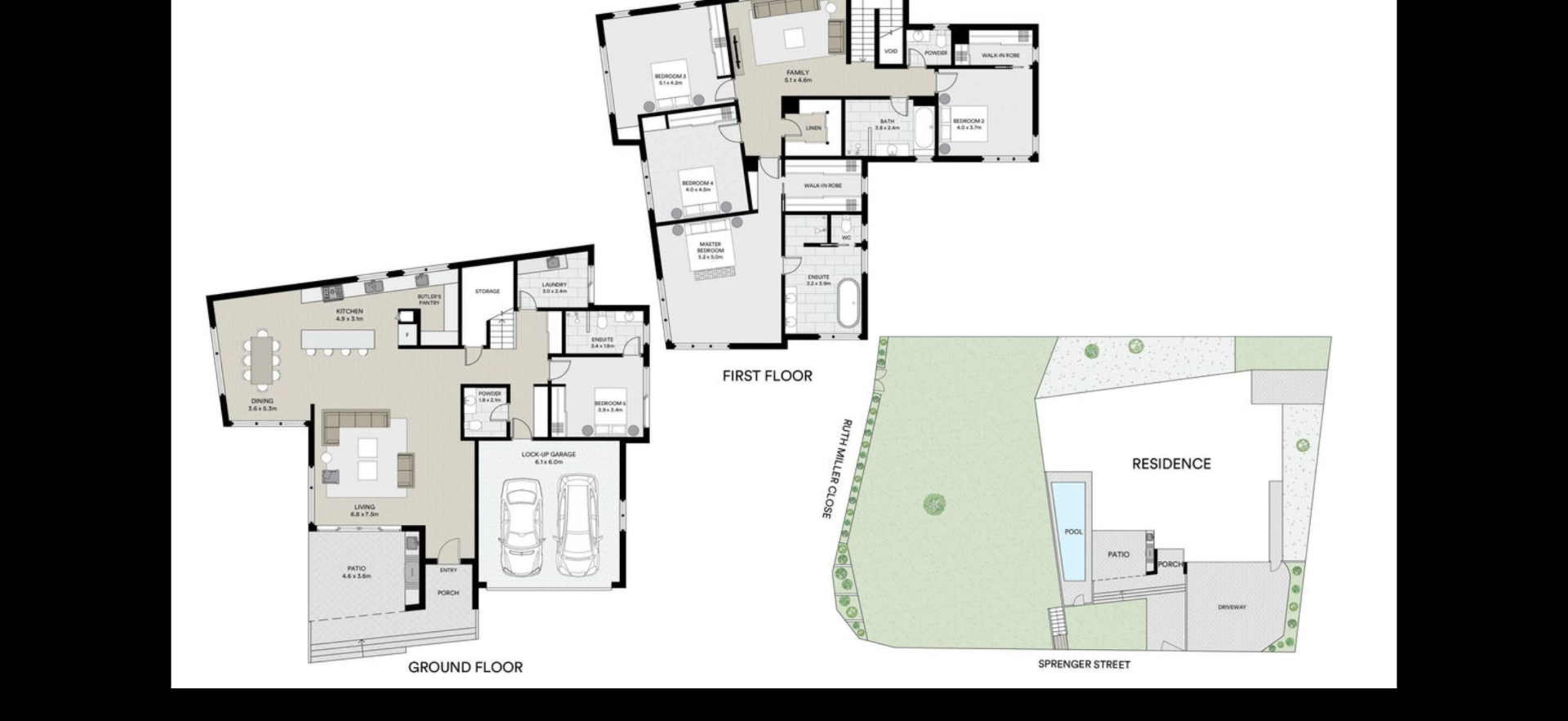 3 Ruth Miller Close floor plan — ground and first floors with site layout